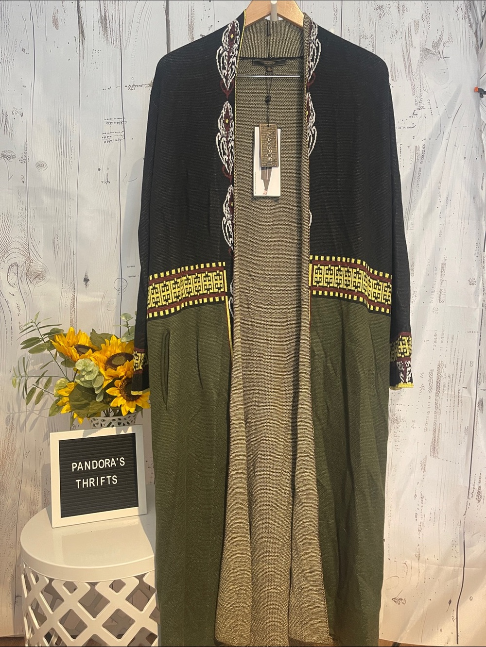 Maxsport Long Open Front Cardigan Coatigan in Black & Olive Size XL NWT